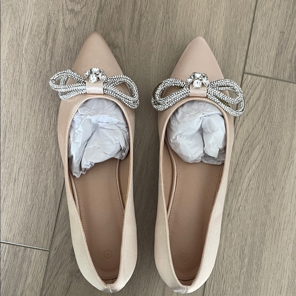 Embellished Bow Pointed Toe Flats in Blush